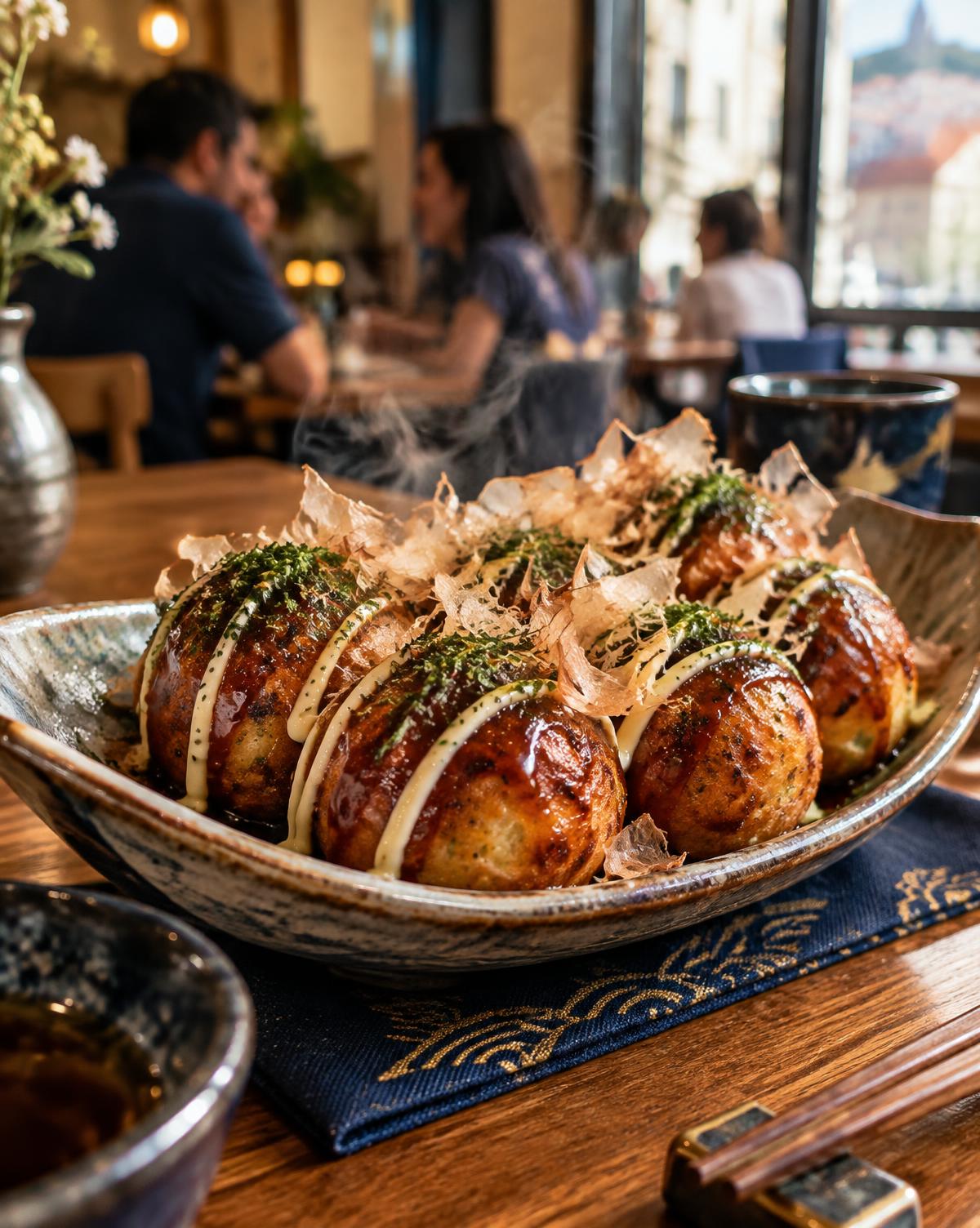 FOTO — Takoyaki em grande plano, quente e apetitoso