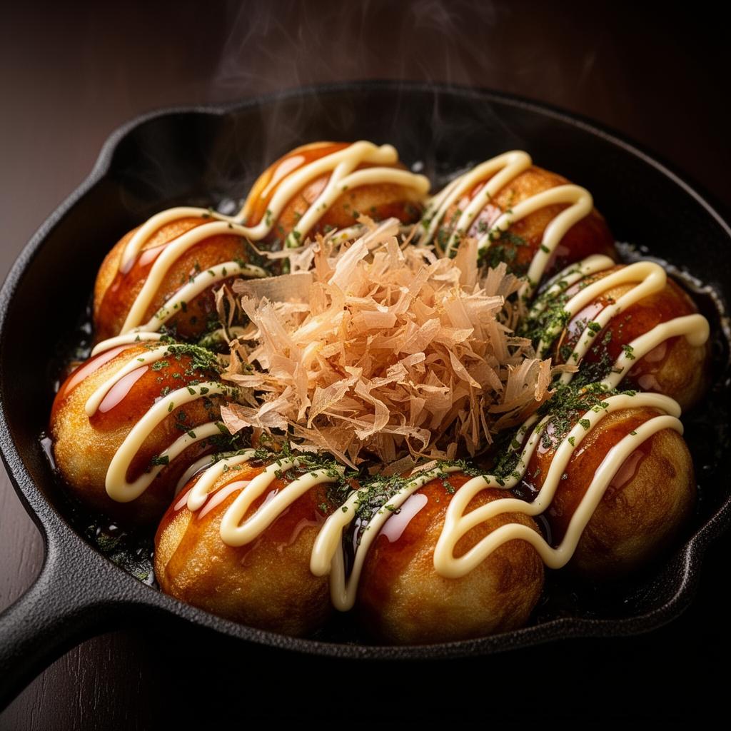 Freshly made takoyaki with bonito flakes
